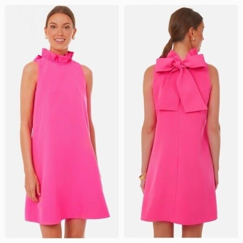 Tuckernuck Blythe Standing Collar Bow Tie Back Shift Pink Dress; size small